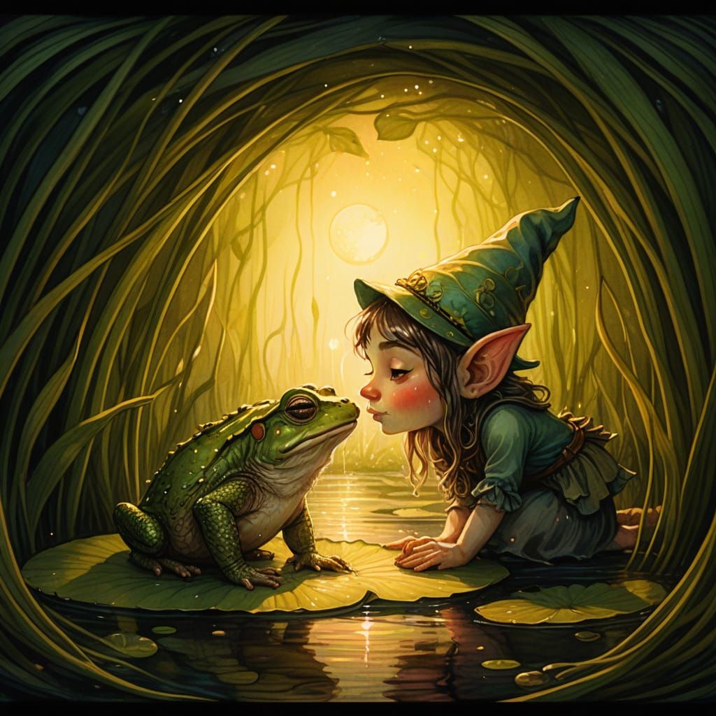 Gnome Girl's Kiss: A Watercolor Fairytale Scene