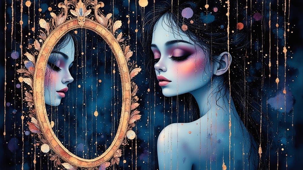 Surreal Woman Gazes Into Mirror Reflecting Bioluminescent Ra...