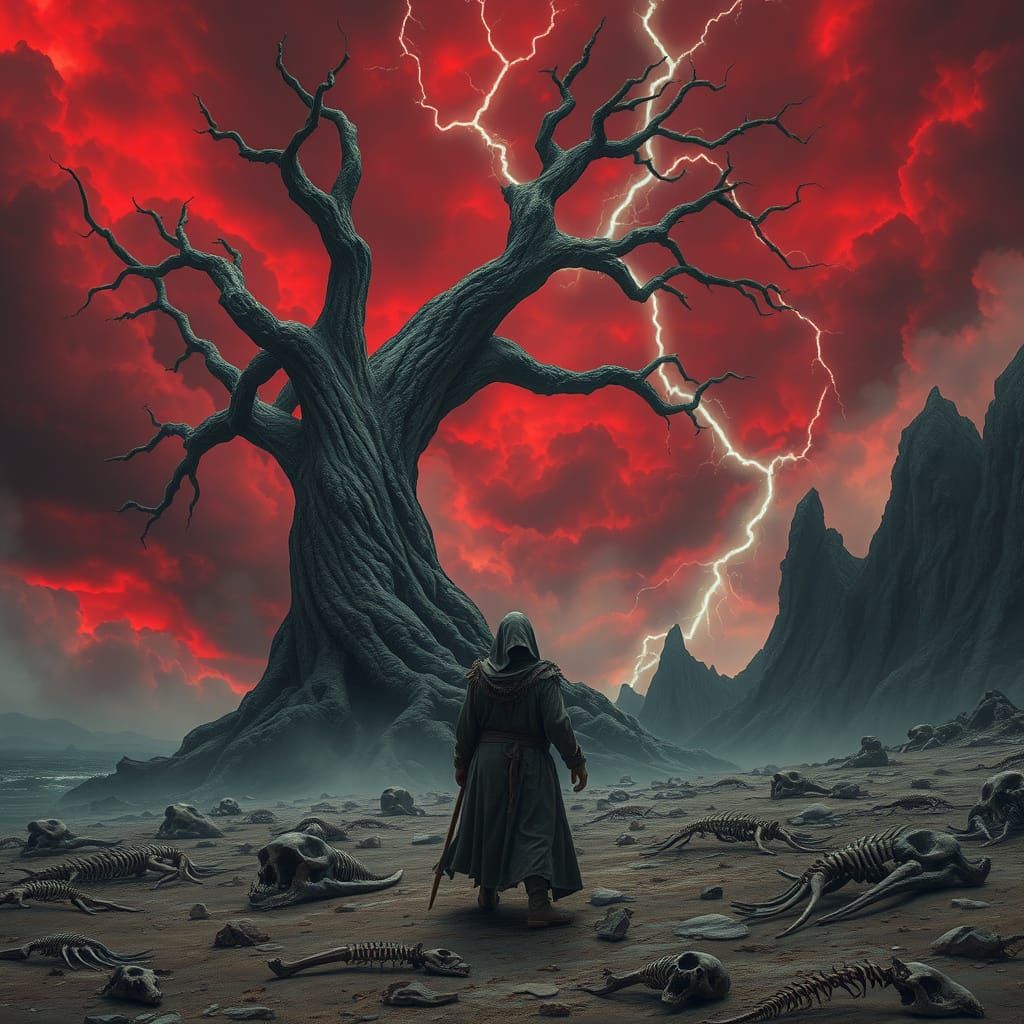 A Lone Wanderer Faces the Petrified Tree of a Desolate Islan...