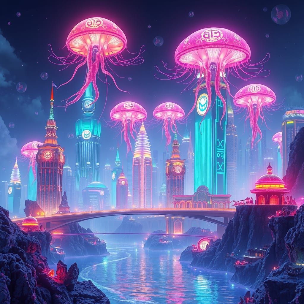 Glowing Coral Metropolis in Neon Bio-Luminescence