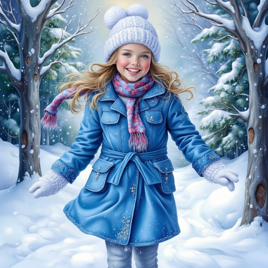 Joyful Girl in Blue Coat Walks in Winter Wonderland