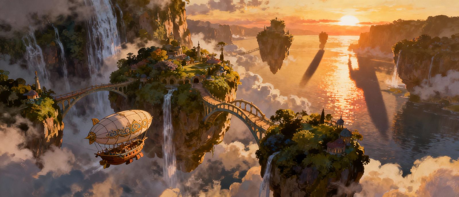 Floating Islands City with Waterfalls at Sunset