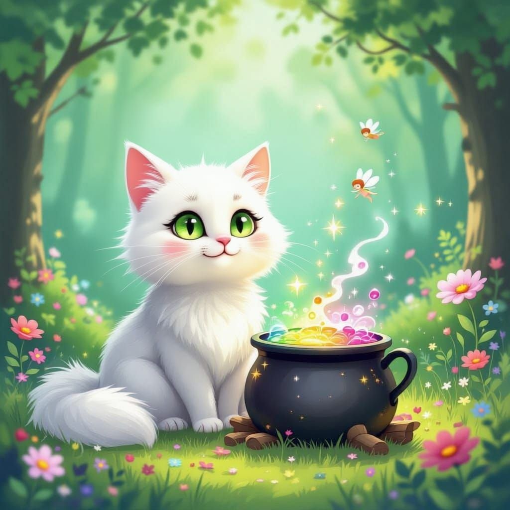 Whimsical Cat Familiar Beside Magical Potion Cauldron