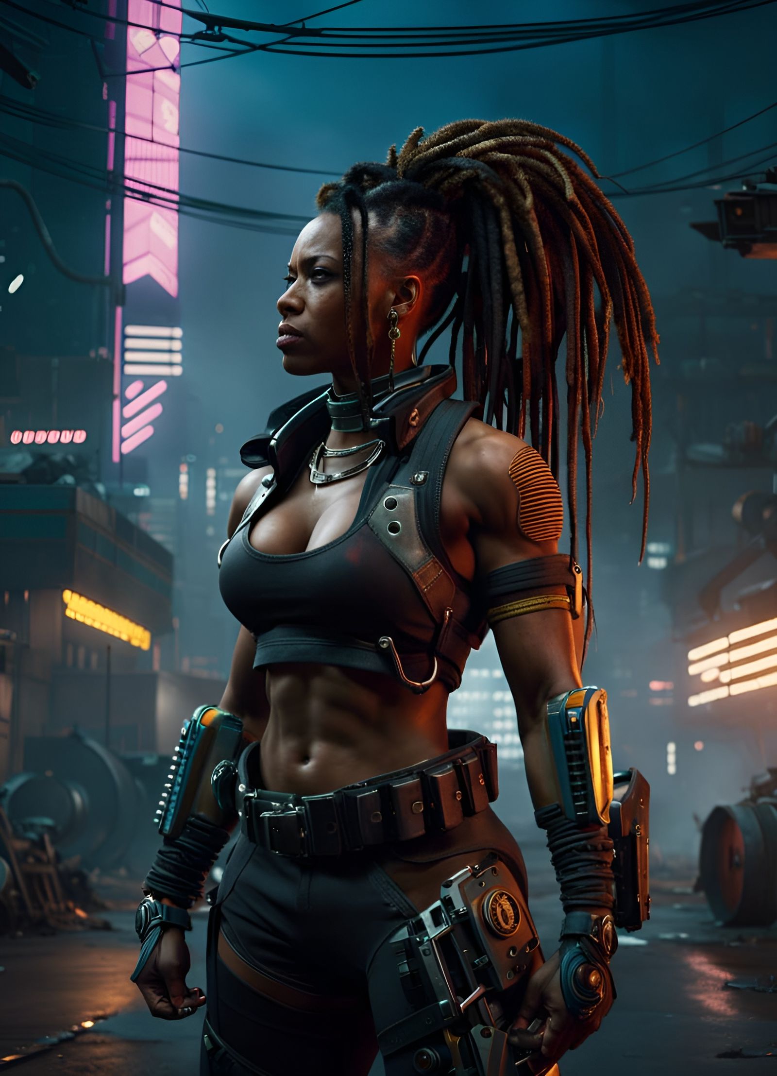 Ebony Cyborg Bodybuilder in Cyberpunk 2077 Style