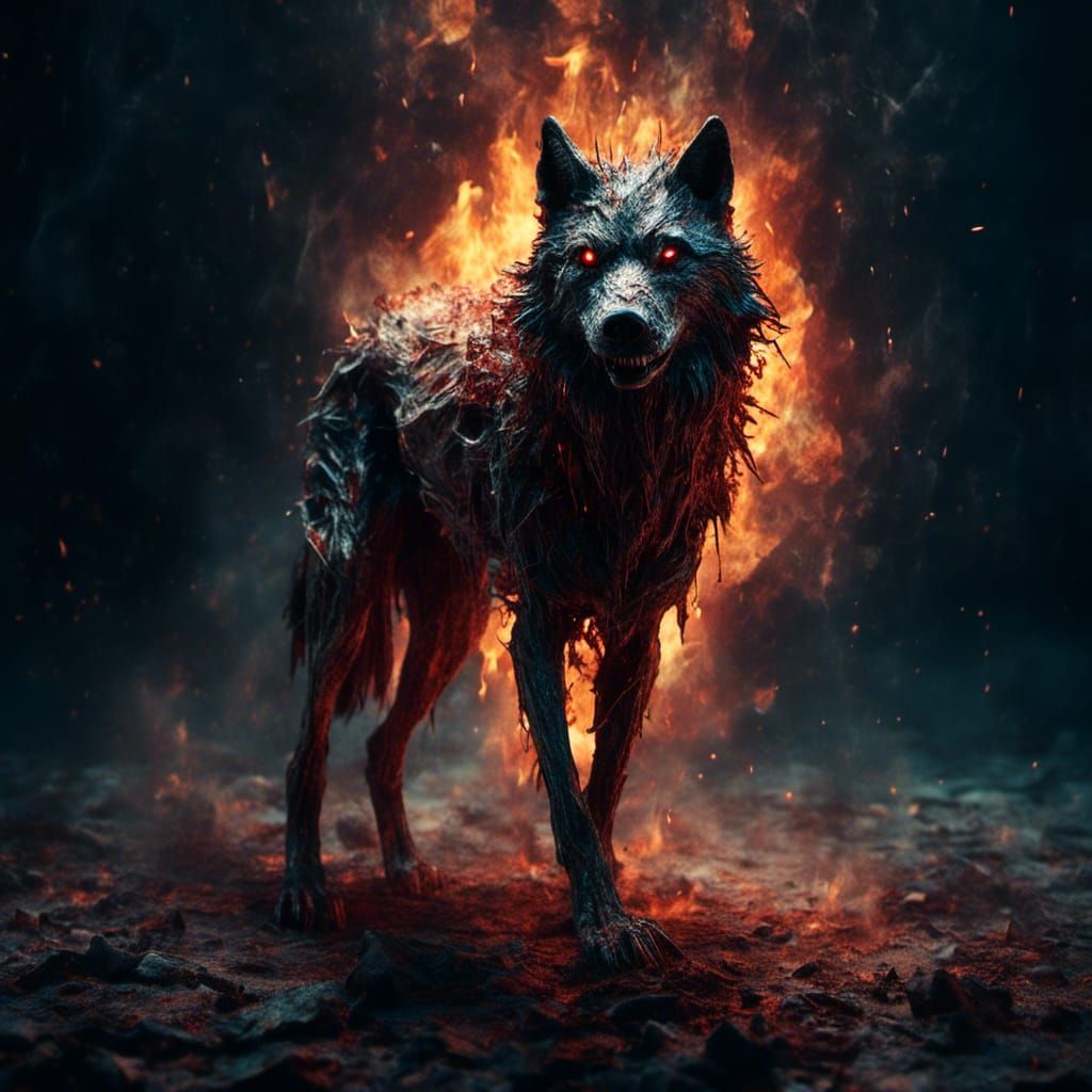 Fiery Horror Wolf in Glittering Flames