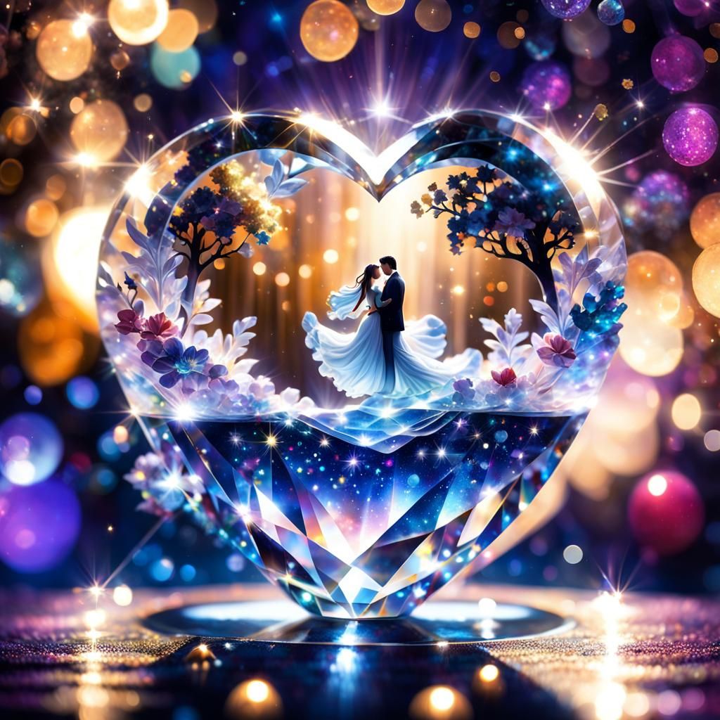 Crystal Heart with Silhouetted Couple in Gemstones