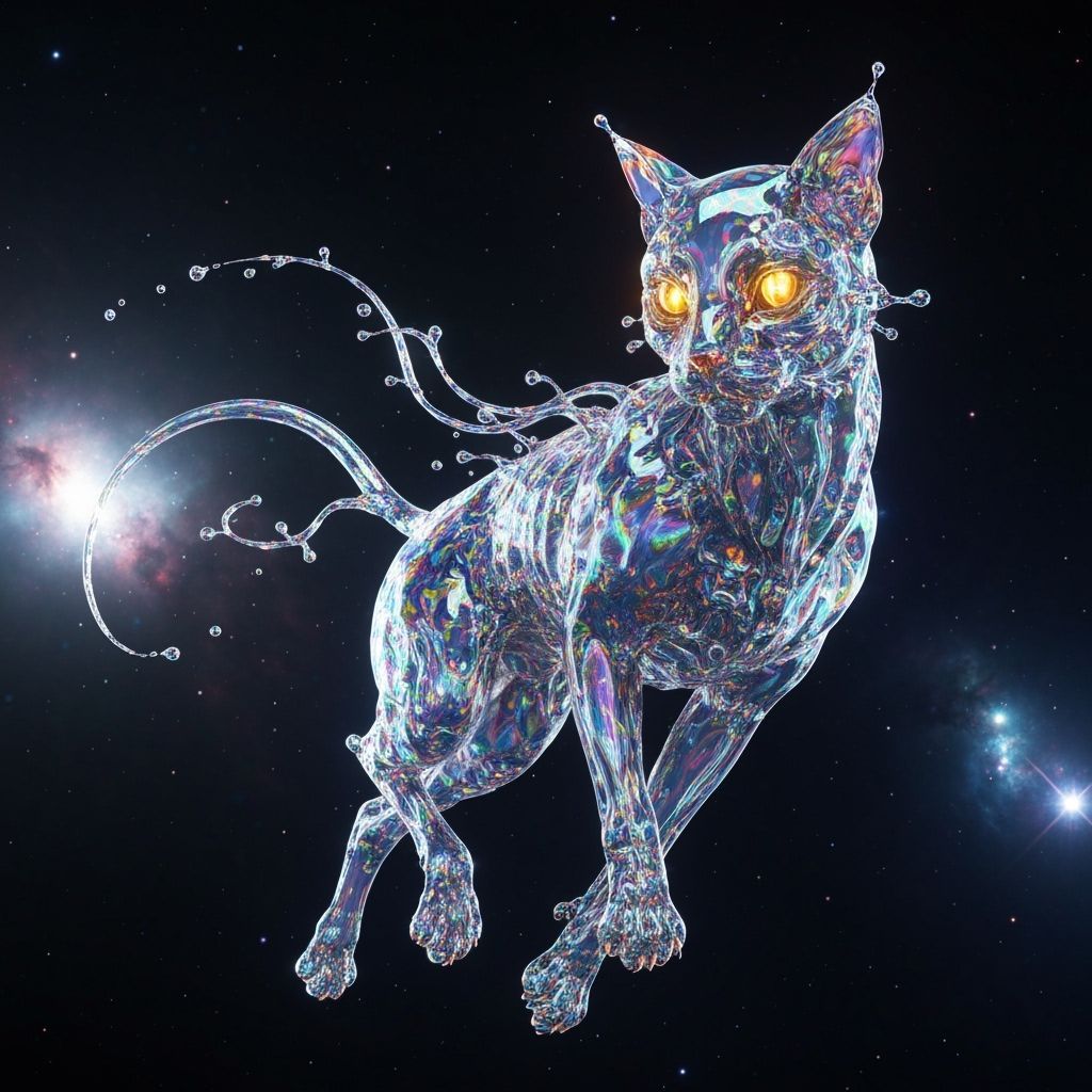 Liquid Cat in Cosmic Void, Hyperrealistic Digital Art