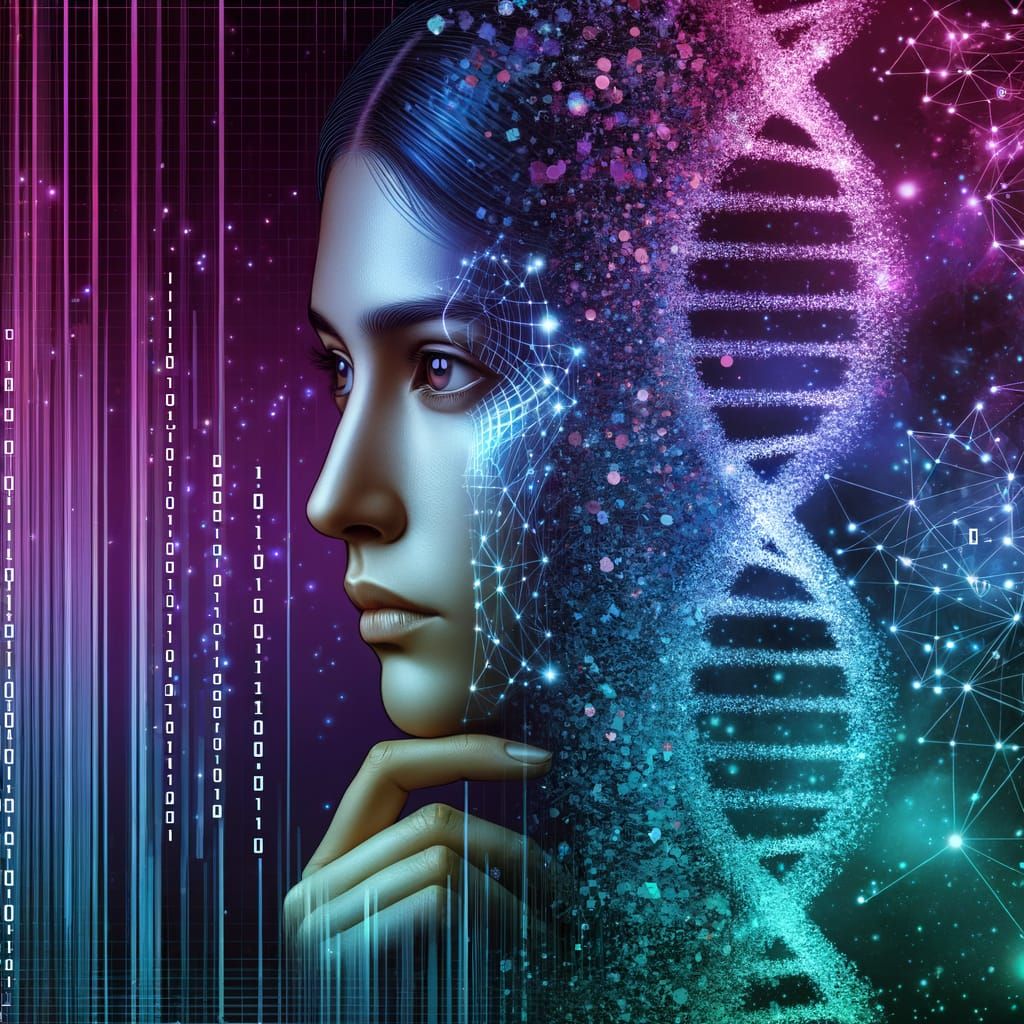 Cyberpunk Face Dissolving into Digital DNA Stream