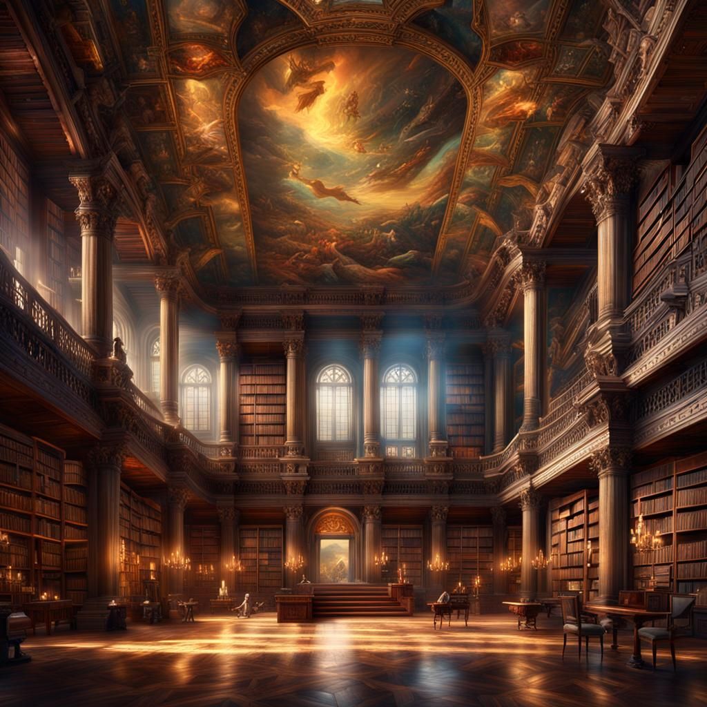 Epic Ancient Library with Art Ceiling