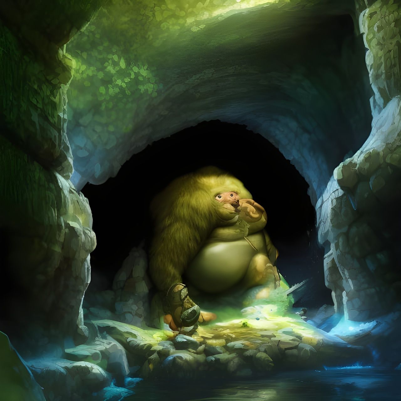 Peaceful Troll Resting in Cave: Digital Matte Painting