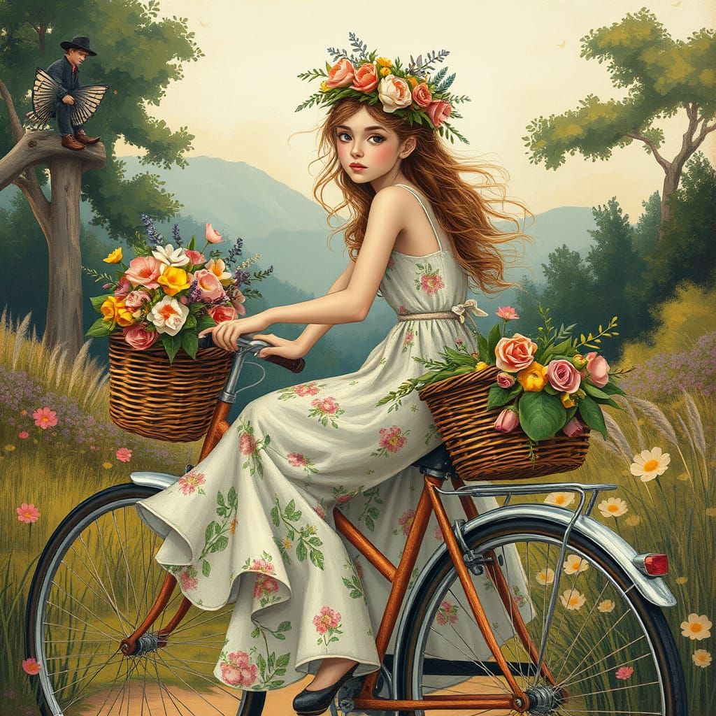 Floral Bicycle Ride in Pop Surrealist Style