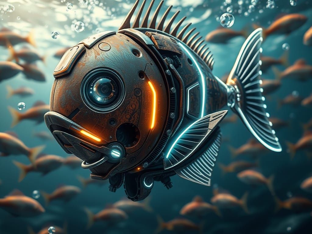 Majestic Hyperrealistic Robotic Fish in Oceanic Abundance