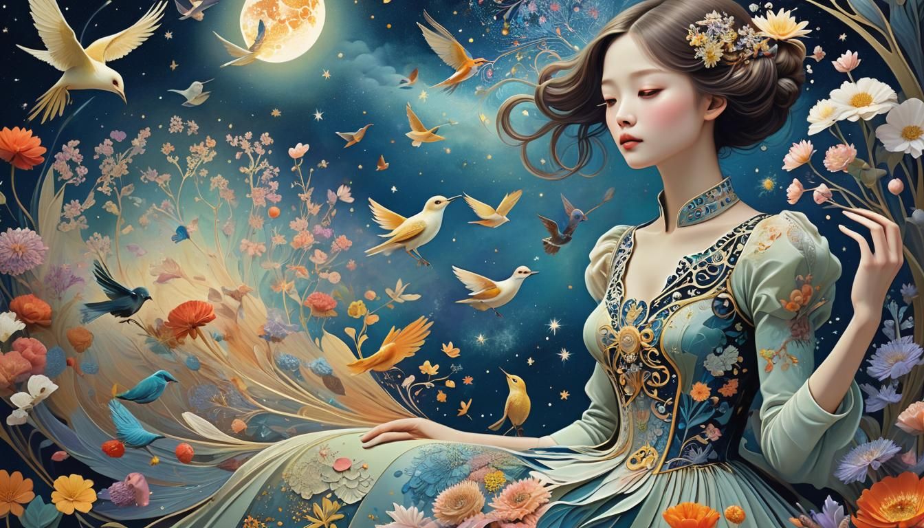 Fairytale Magic Realism with Birds and Stars