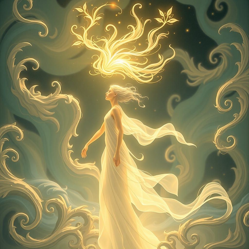 Ethereal Figure Embodies Fluid Motion in Dreamy Landscape