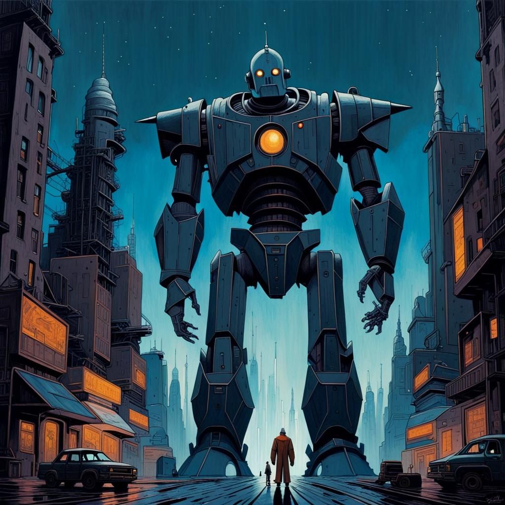 The Iron Giant in Retro Cyberpunk City: Moebius Style