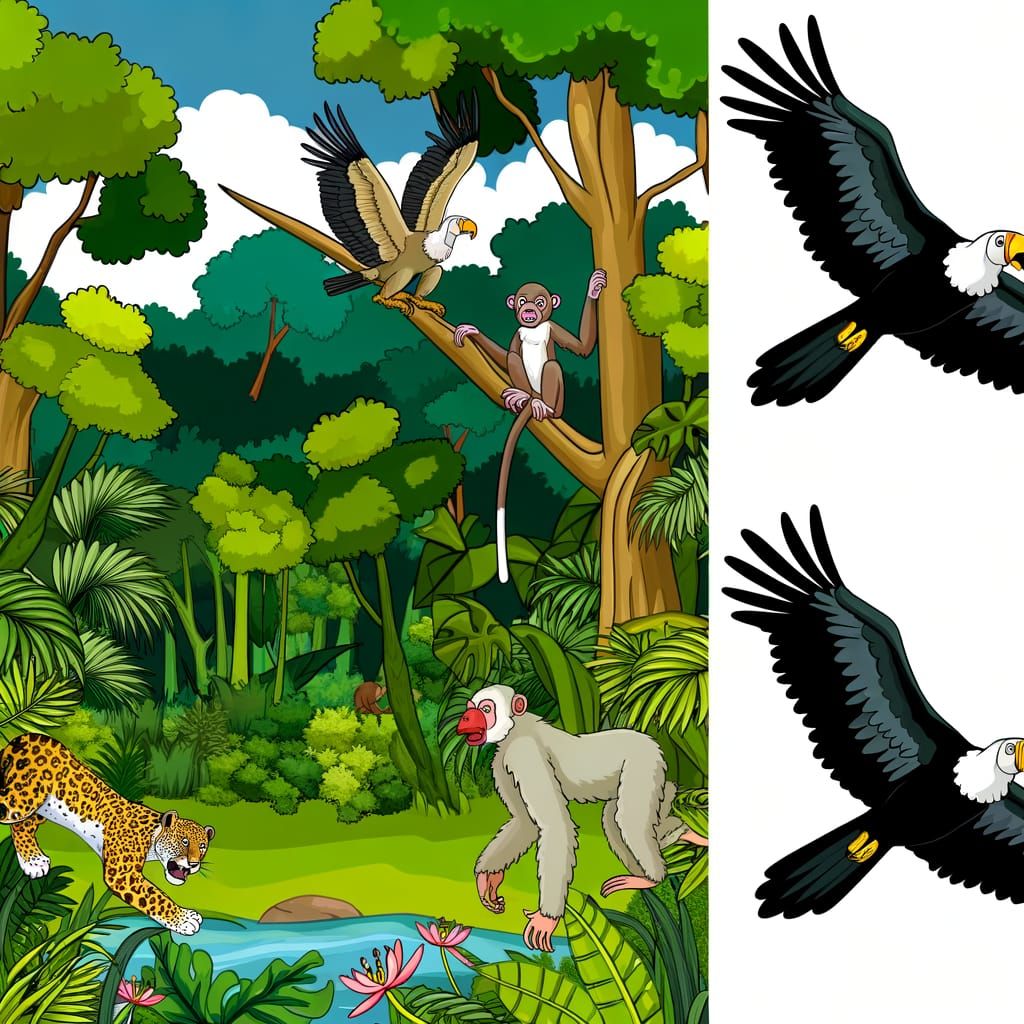 Peruvian Jungle Wildlife Abounds in Detailed Rainforest Scen...