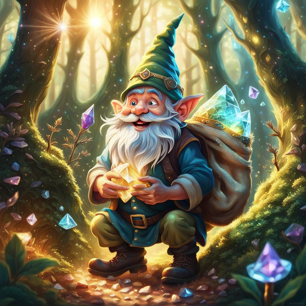 Fantasy Forest Scene: Gnome Hugs Crystal Sack in Vibrant, De...