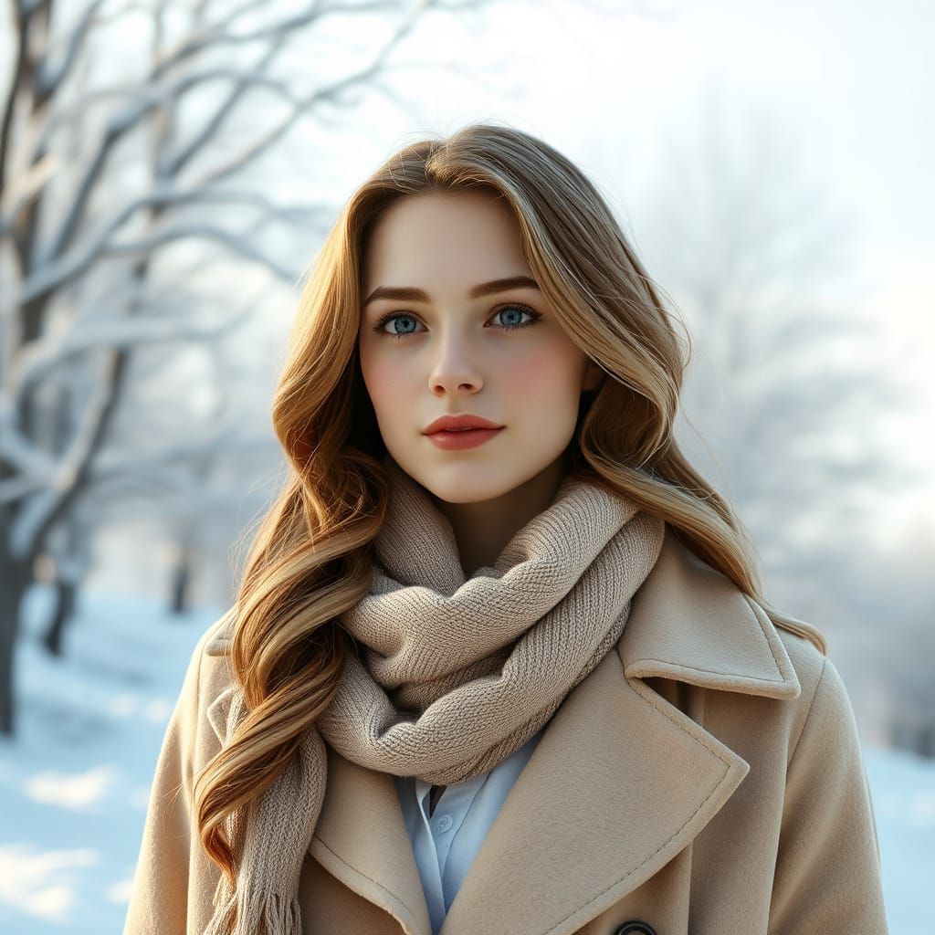 Hyperrealistic Portrait of a Woman in a Snowy Landscape