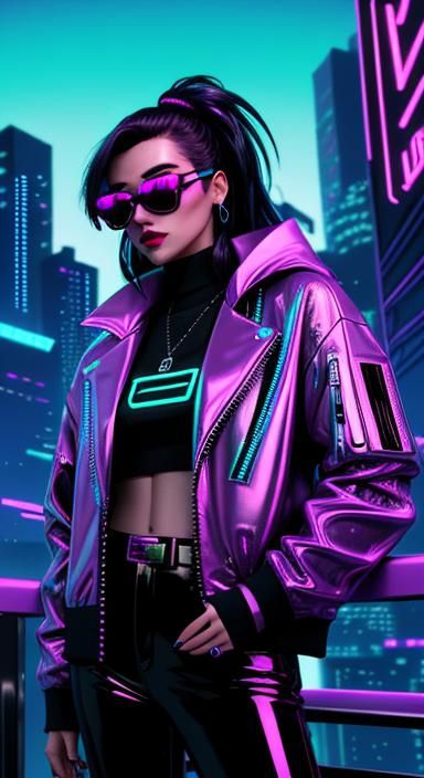 Neon-Lit Woman in Synthwave Retrowave Cityscape