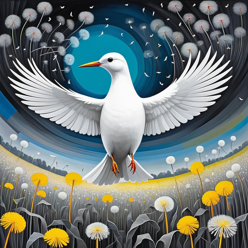 Dreamscape Bird with Dandelions, Whimsical Composition