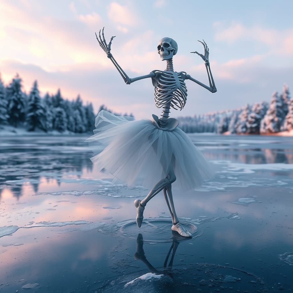 Dancing Skeleton on Frozen Lake: Ethereal Digital Art