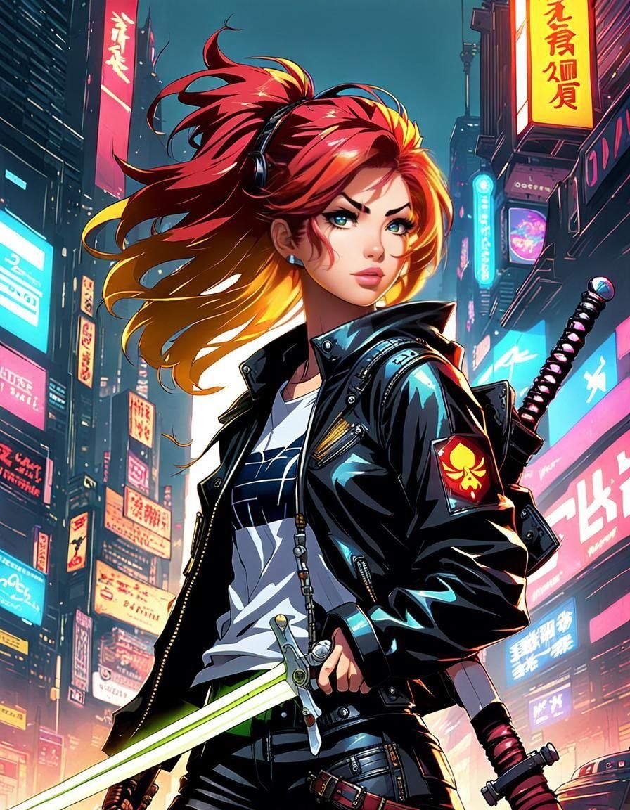 Cyberpunk Sunset Shimmer with Sword, Anime Art