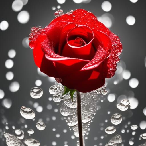 Crystal Red Rose with Dew Drops: Photorealistic Macro