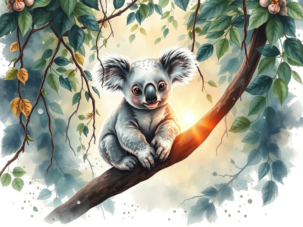 Koala in Tropical Forest, Watercolour Style