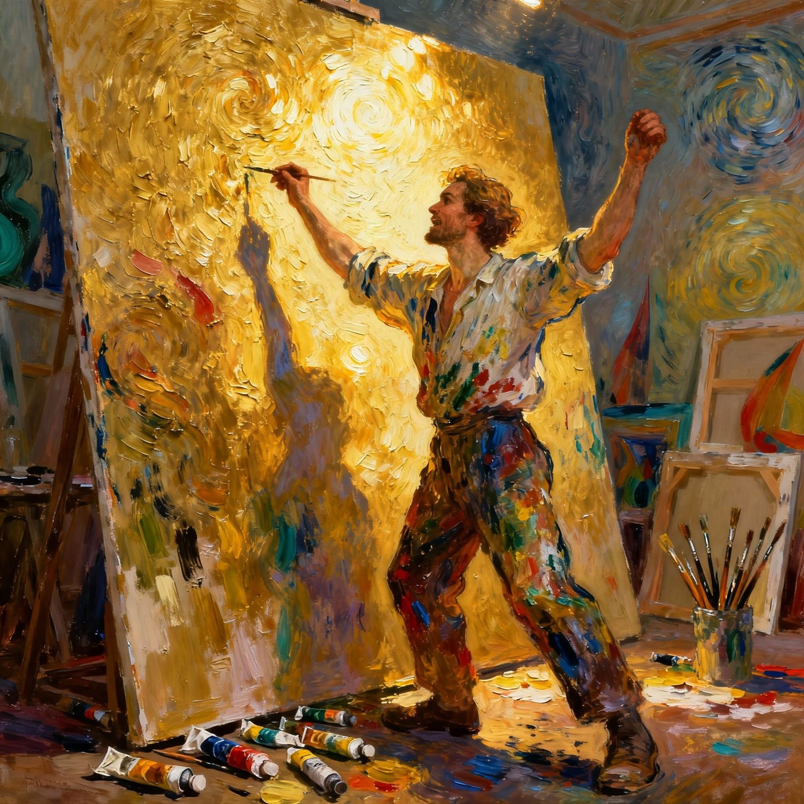 Expressive Oil Painting of Artist in Creative Flow
