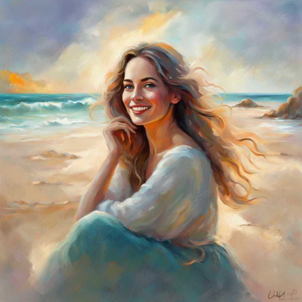 Woman Listening to the Sea in Ethereal Oil Painting Style