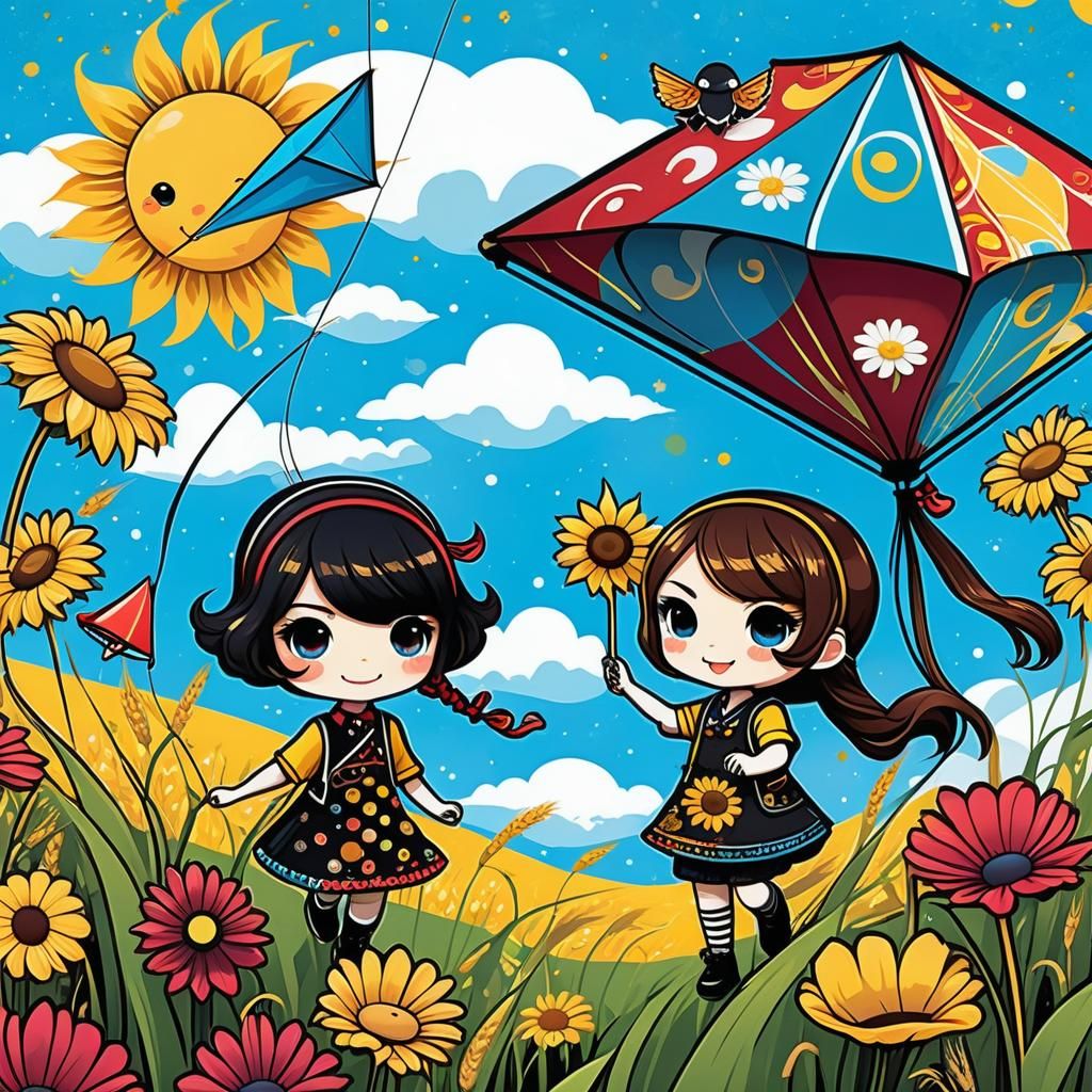 Whimsical Mixed Media Painting of Chibi Children Flying Kite