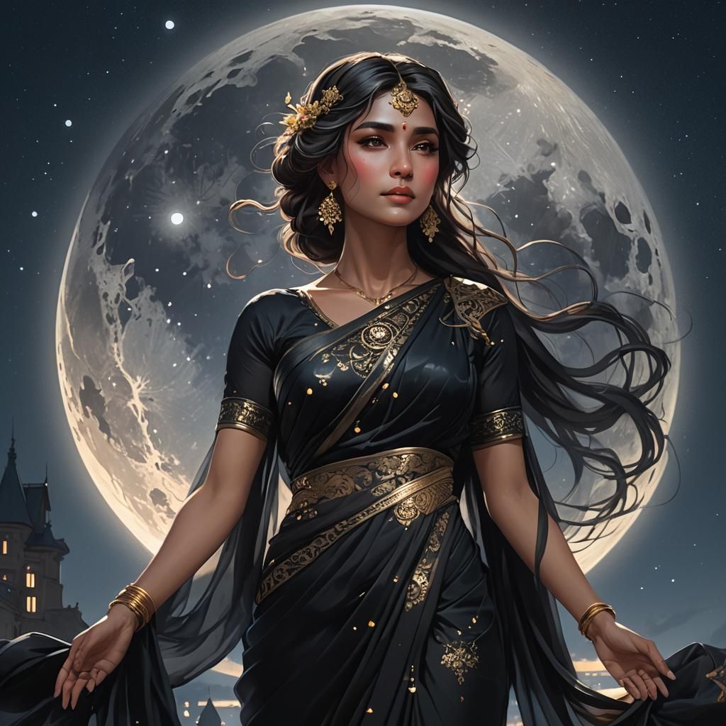 Alluring Woman in Saree Under Moonlight: Digital Art