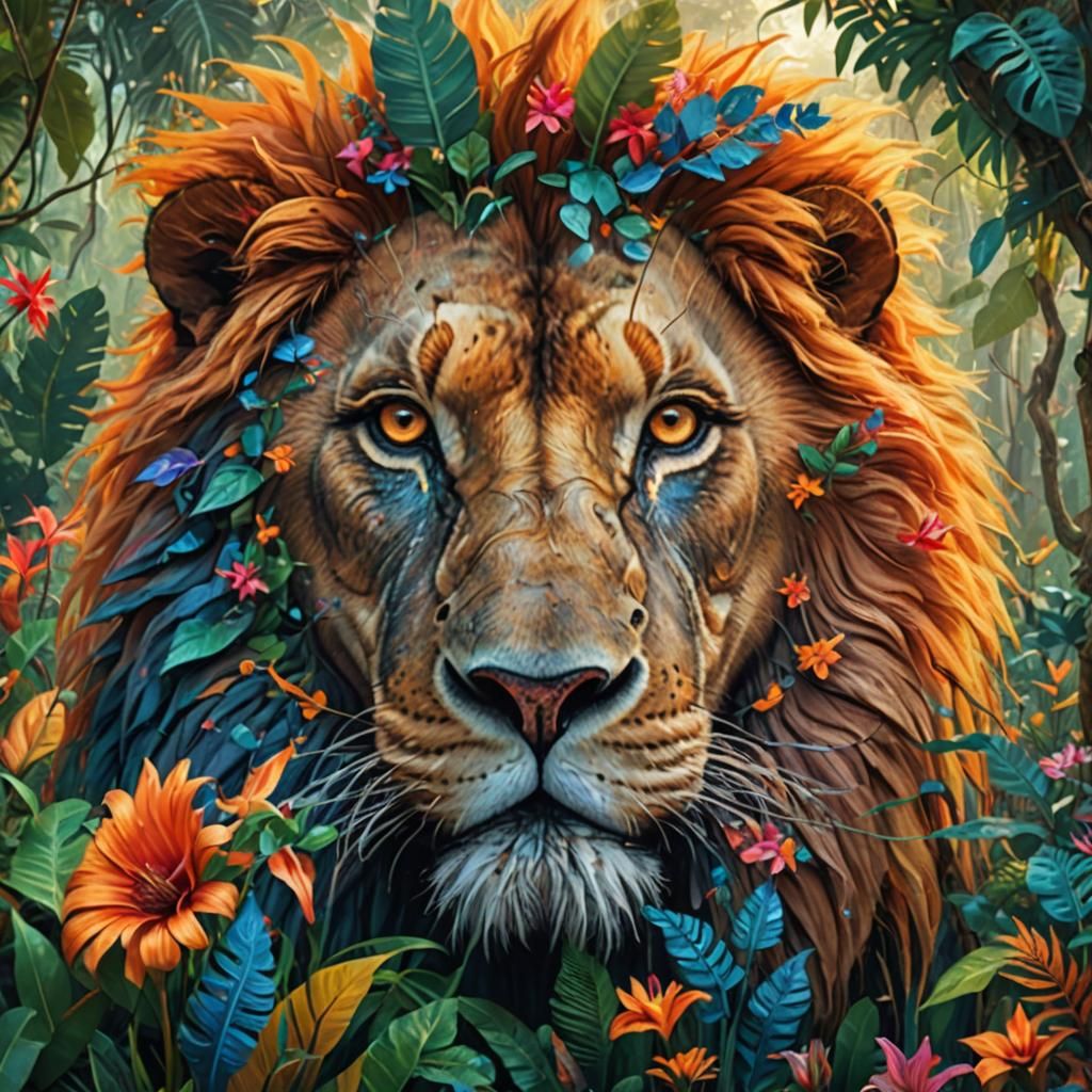 Lion and Elephant Face Off in Jungle Fantasy Art