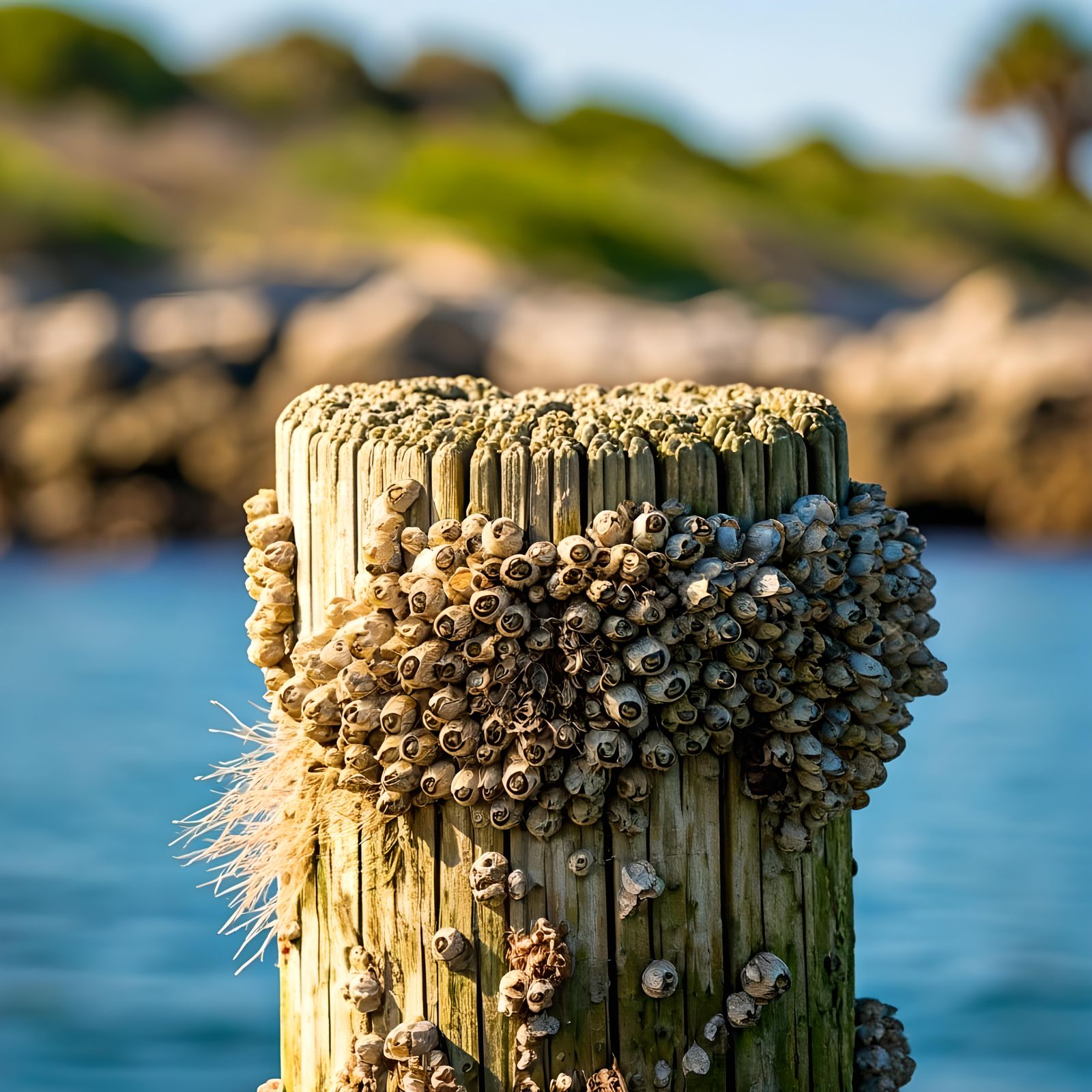 Barnacle-Encrusted Wooden Post in Calm Waters