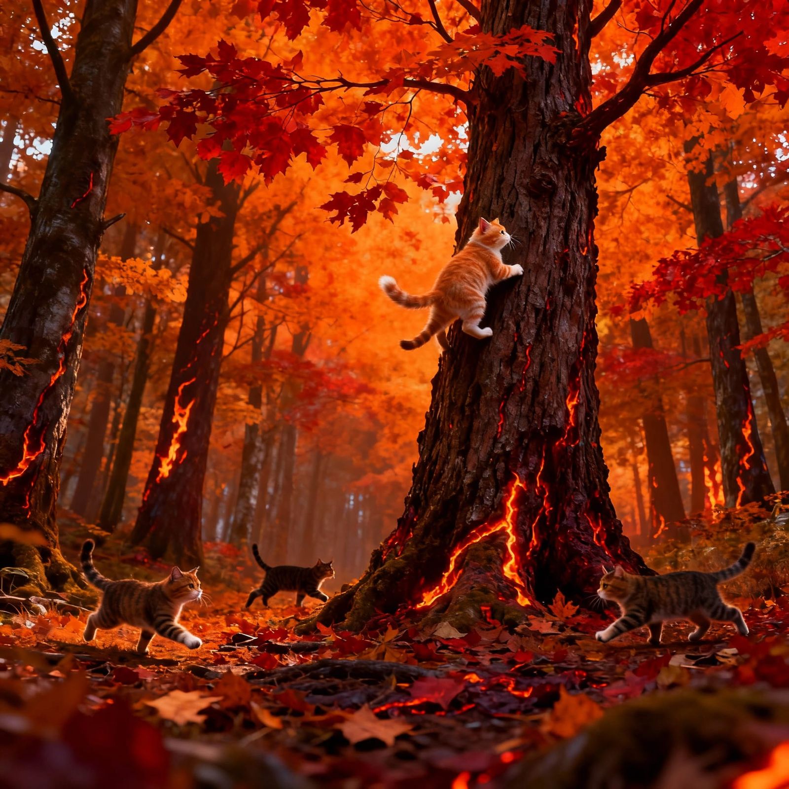 Adorable Cat Ascends Lava Orange Autumn Forest