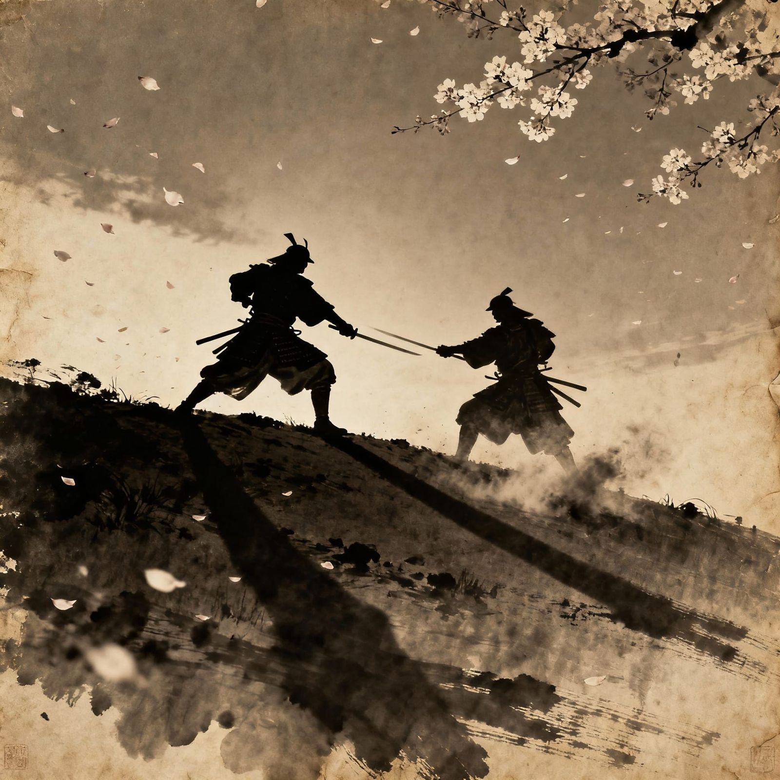 Samurai Duel at Twilight in Sepia Tones