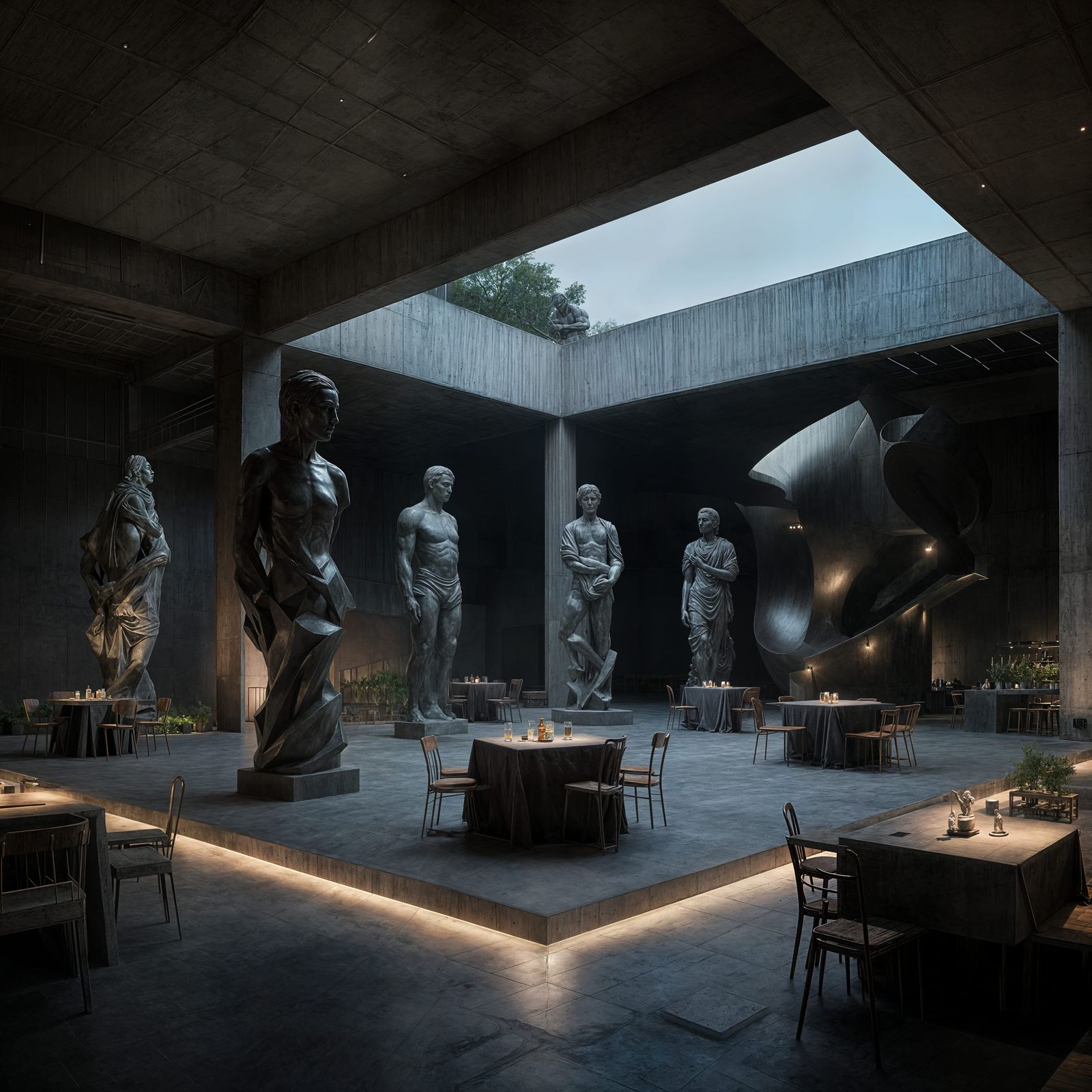 Open Air Restaurant With Modern Art Statues