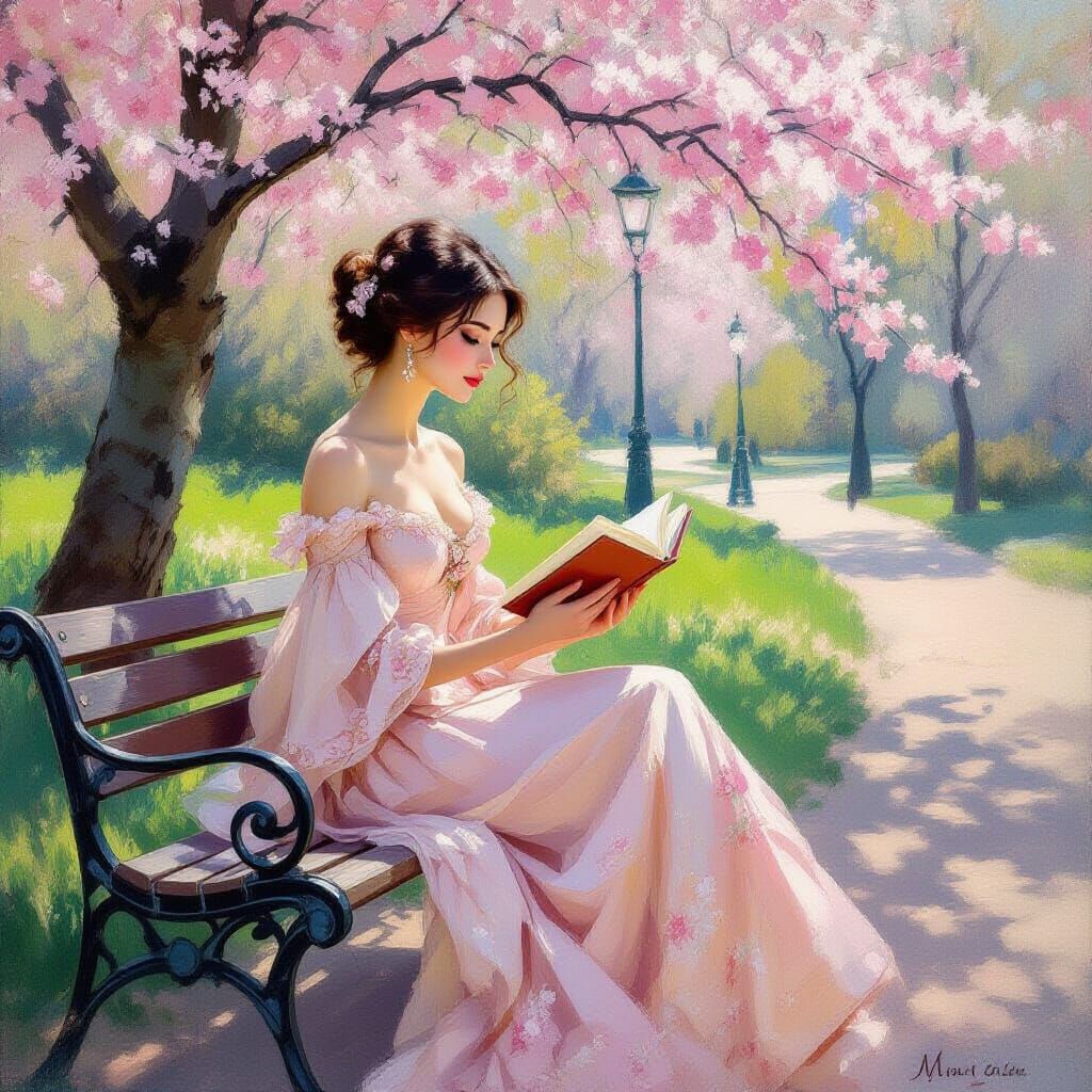 Woman Reading Under Cherry Tree, Impressionist Style