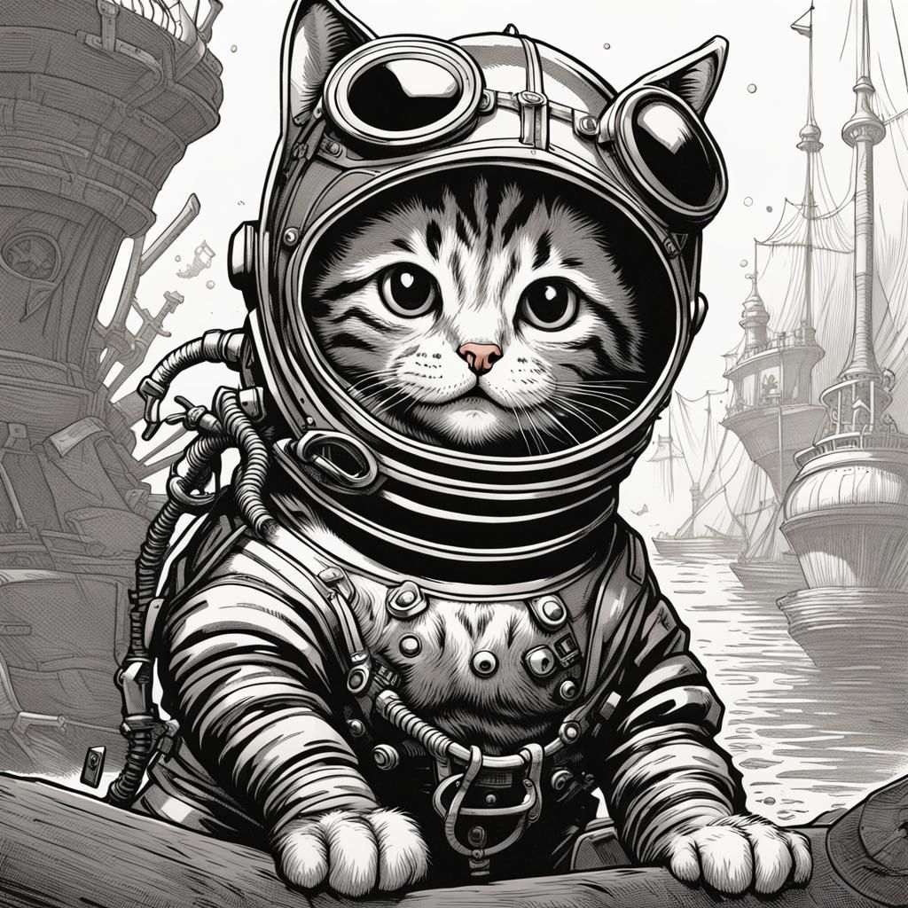 Tabby Kitten in Diving Suit, Tenniel Style