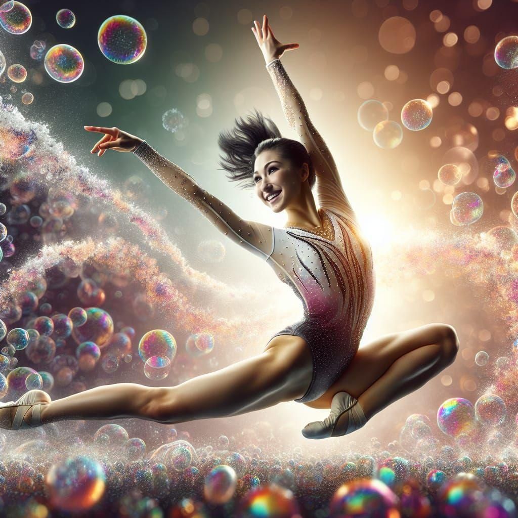 Asian Gymnast's Graceful Mid-Air Split Jump