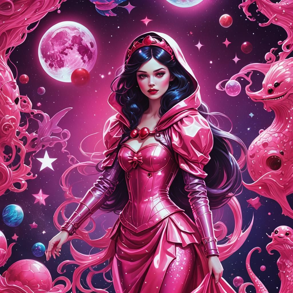 Snow White Red Riding Hood Space Mermaid in Synthwave
