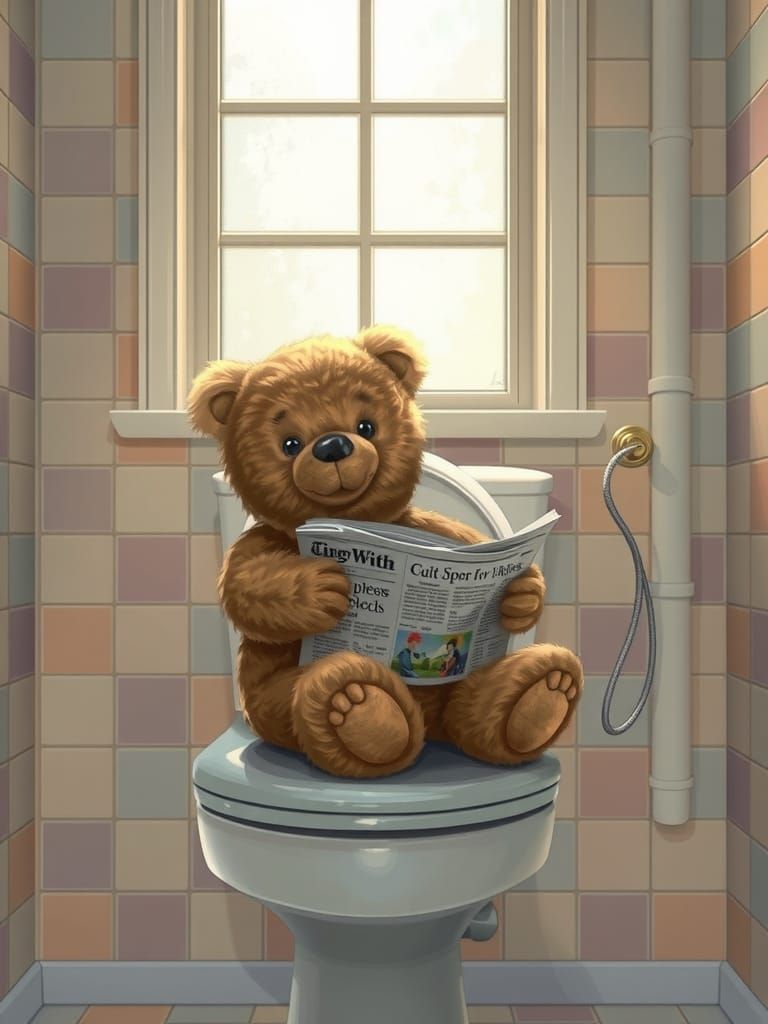 Teddy Bear Reads Newspaper in Pastel Bathroom