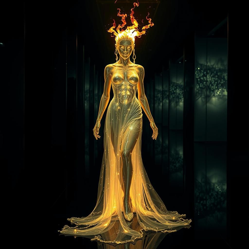 Luminous Liquid Fire Woman in Mirrored Chamber