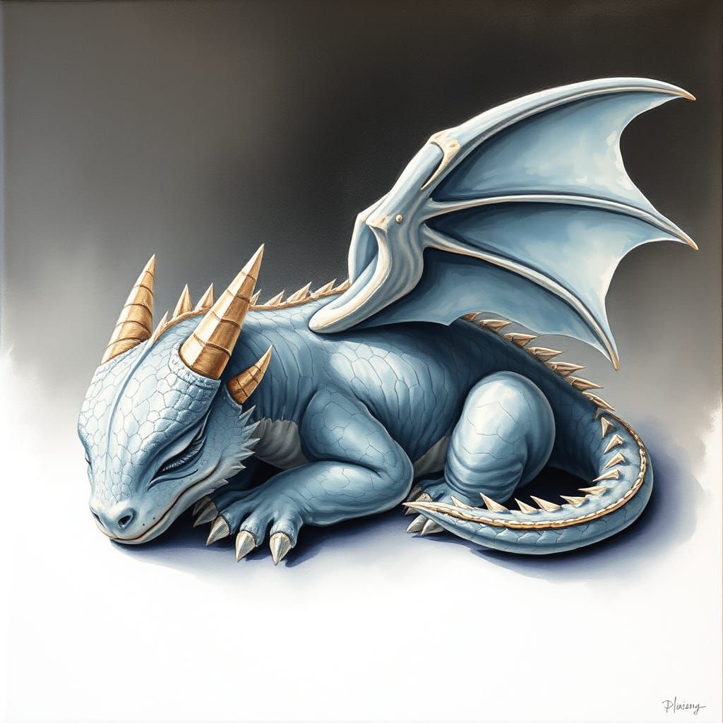 Cute Gray Dragon Sleeping in Gouache Style