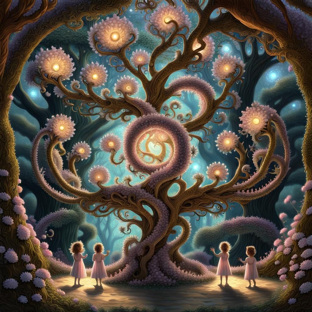 Radiant Fractal Dragon Babies in Blossom Garden