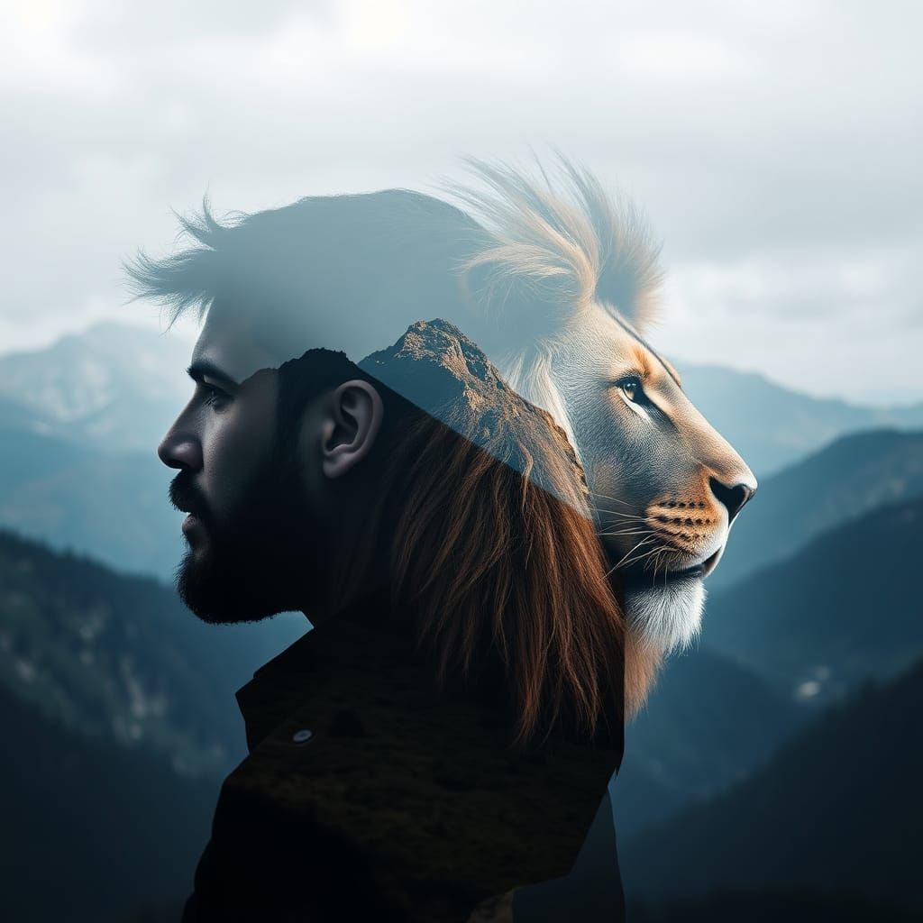 Triple Exposure: Man, Lion, and Mountains