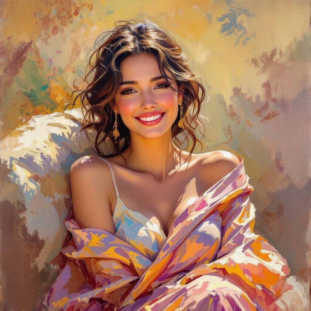Smiling Woman in Silk: An Impressionistic Oil Painting