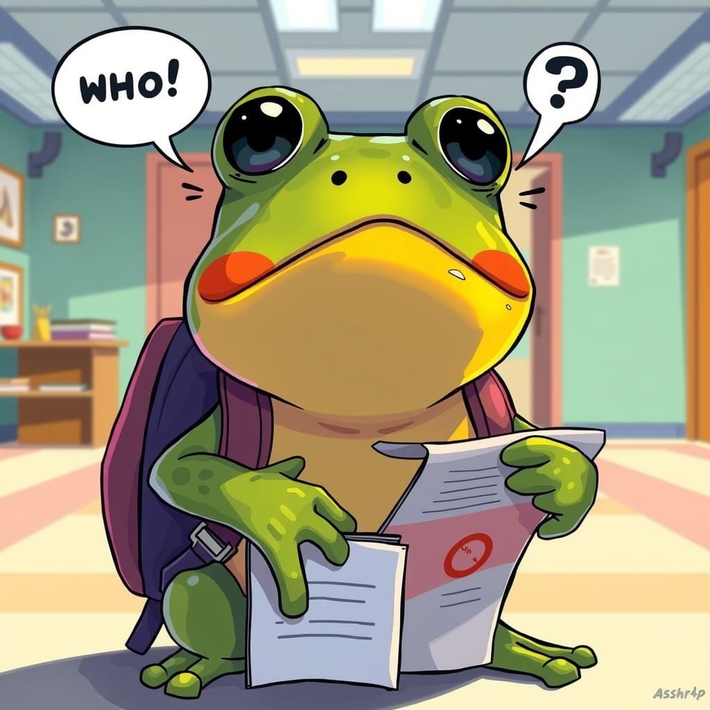 Surprised Frog with Homework in Hyper-Detailed Style
