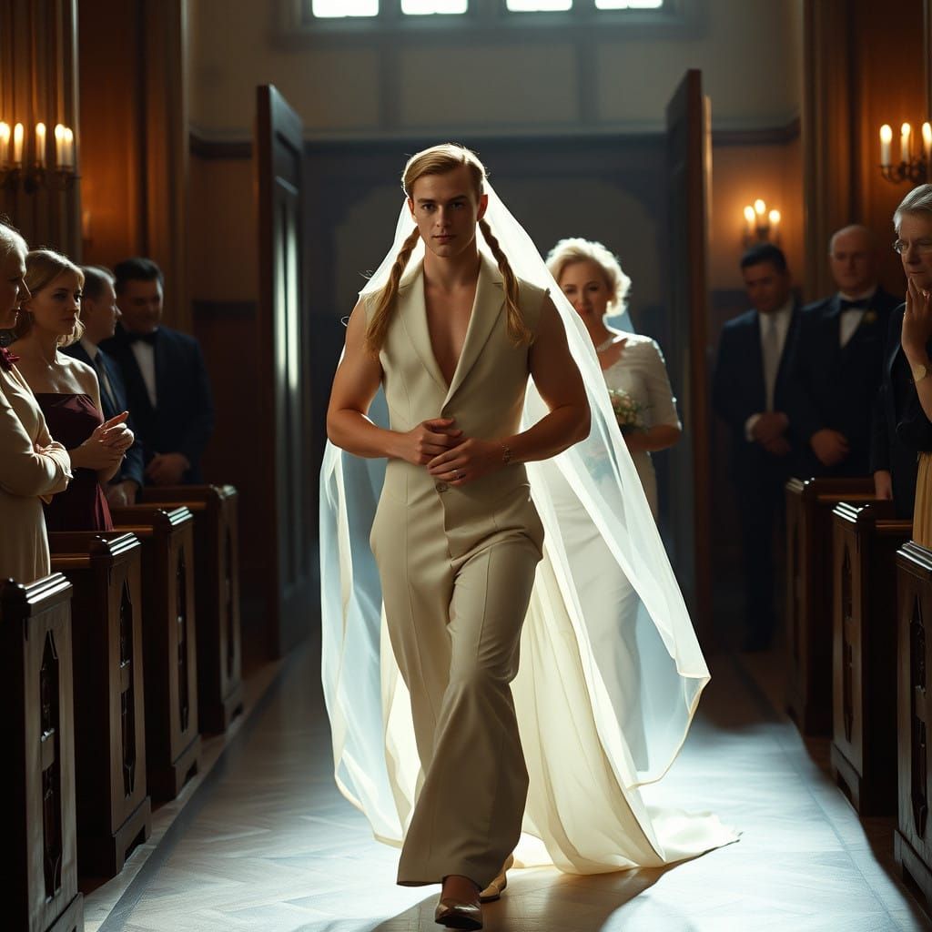 Elegant Blonde Man Crossdressing in Bridal Gown
