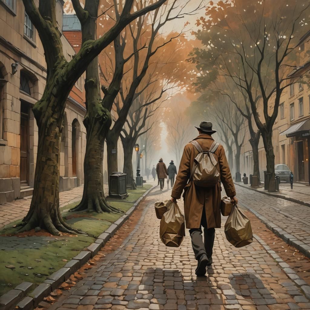 Weary Man on Cobblestone Street: Atmospheric Oil Painting